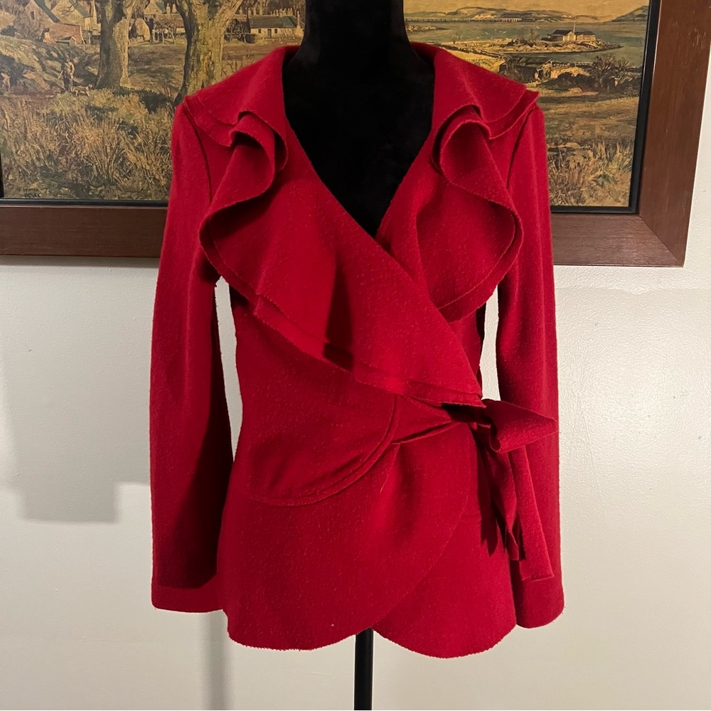 Y2K Katherine Barclay red wool ruffle wrap cardigan 2000’s romantic fairy fall